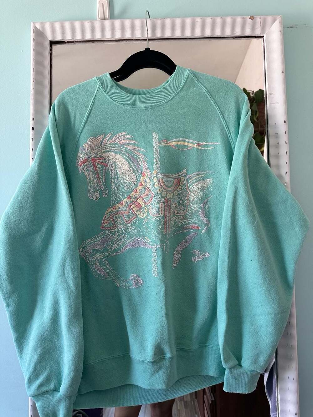 Jerzees Carousel Horse Sweatshirt XL Teal Mint Vintage 90s Pullover